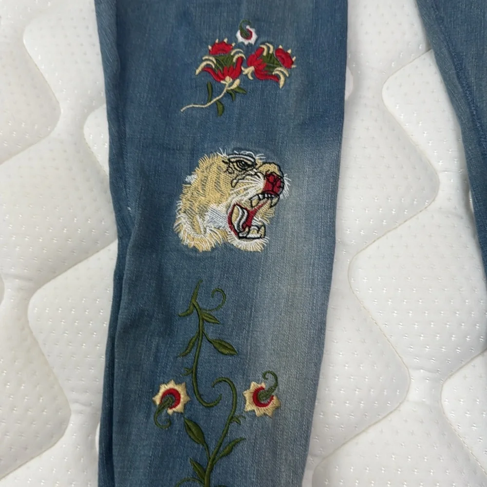 Toriana Blue Denim Like Club Embroidered Tiger Rose Over the Knee Boots- Size 8
